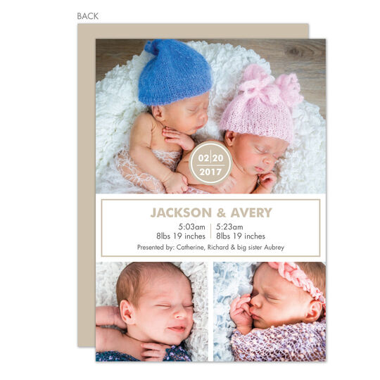 Tan Simple Twins Photo Birth Announcements